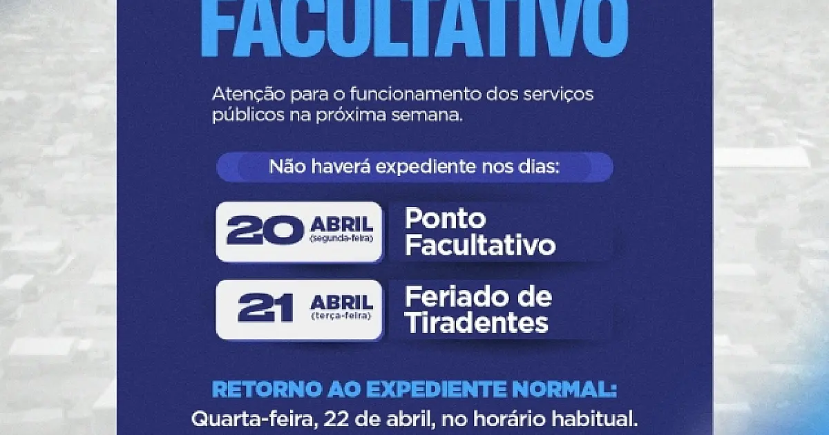 Prefeitura de Brasilândia decreta ponto facultativo na segunda-feira (20) e feriado de Tiradentes suspende expediente