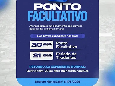 Prefeitura de Brasilândia decreta ponto facultativo na segunda-feira (20) e feriado de Tiradentes suspende expediente