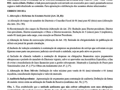 EDITAL DE CONVOCAÇÃO PARA ASSEMBLEIA GERAL EXTRAORDINÁRIA DA ASSOCIAÇÃO RETIRO DAS PALMEIRAS 29/01/2026