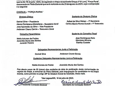 EDITAL DE PUBLICAÇÃO E IMPUGNAÇÃO DE CANDIDATOS ESCRITOS PARA O PLEITO ELEITORAL DO SINDICATO DOS TRABALHADORES E TRABALHADORAS ASSALARIADOS RURAIS DE TRÊS LAGOAS/MS