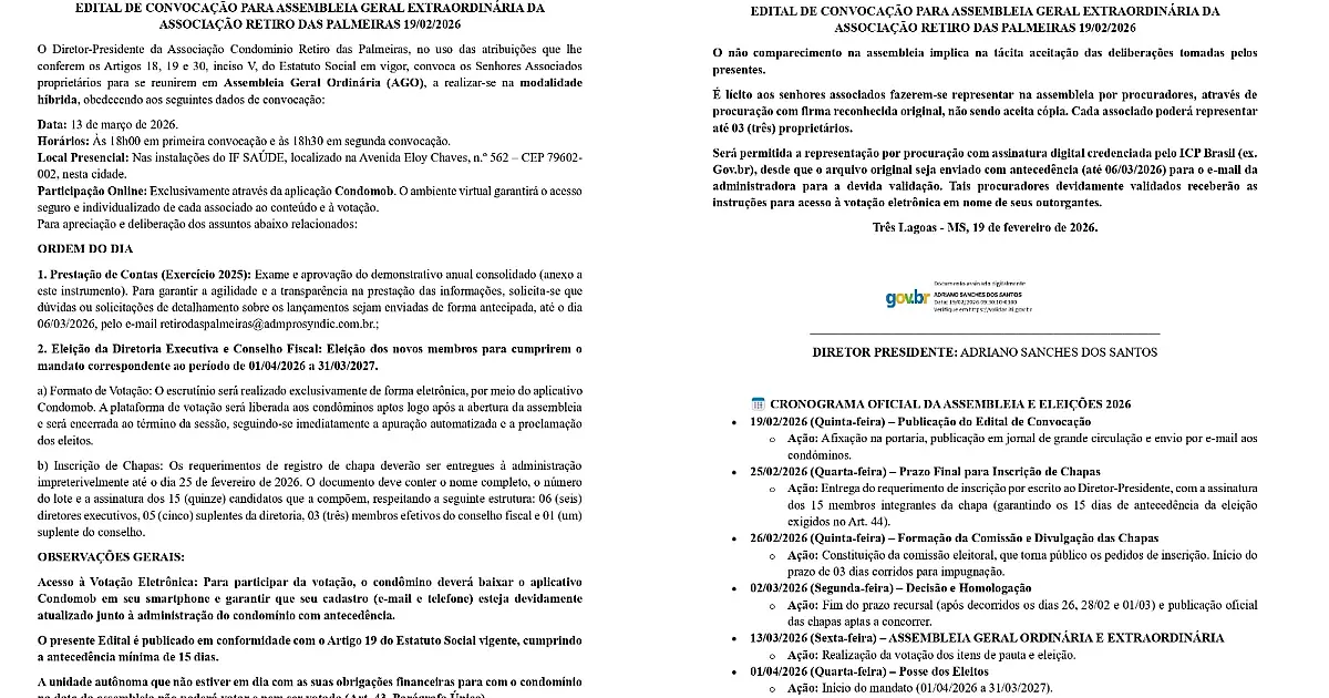 EDITAL DE CONVOCAÇÃO PARA ASSEMBLEIA GERAL EXTRAORDINÁRIA DA ASSOCIAÇÃO RETIRO DAS PALMEIRAS 19/02/2026