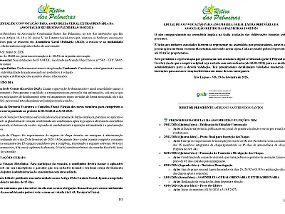 EDITAL DE CONVOCAÇÃO PARA ASSEMBLEIA GERAL EXTRAORDINÁRIA DA ASSOCIAÇÃO RETIRO DAS PALMEIRAS 19/02/2026