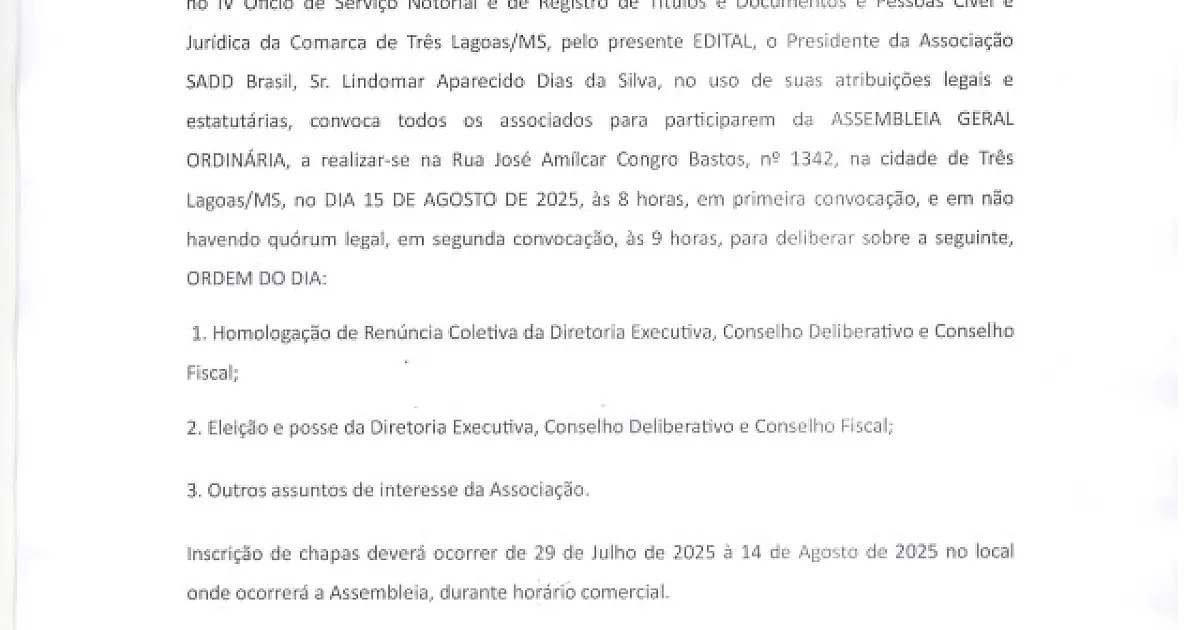 EDITAL DE CONVOCAÇÃO PARA ASSEMBLEIA GERAL ORDINÁRIA DE ELEIÇÃO E POSSE E REGULARIZAÇÃO DOS ÓRGÃOS ADMINISTRATIVOS DA ASSOCIAÇÃO SADD BRASIL