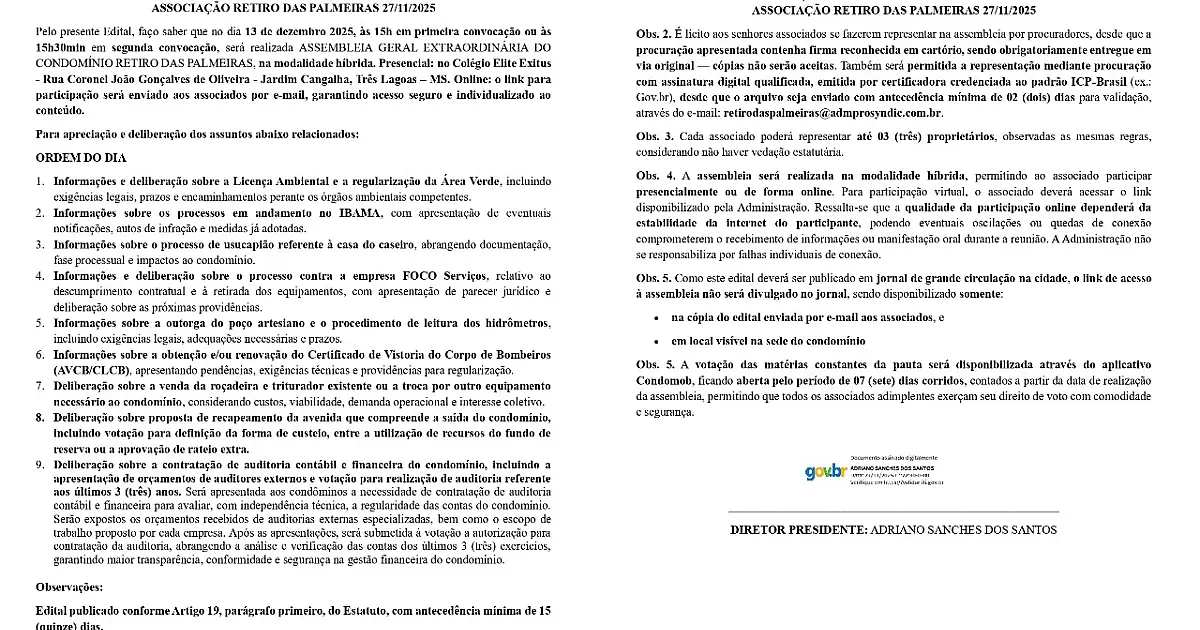 EDITAL DE CONVOCAÇÃO PARA ASSEMBLEIA GERAL EXTRAORDINÁRIA DA ASSOCIAÇÃO RETIRO DAS PALMEIRAS 27/11/2025