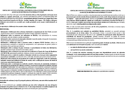 EDITAL DE CONVOCAÇÃO PARA ASSEMBLEIA GERAL EXTRAORDINÁRIA DA ASSOCIAÇÃO RETIRO DAS PALMEIRAS 27/11/2025