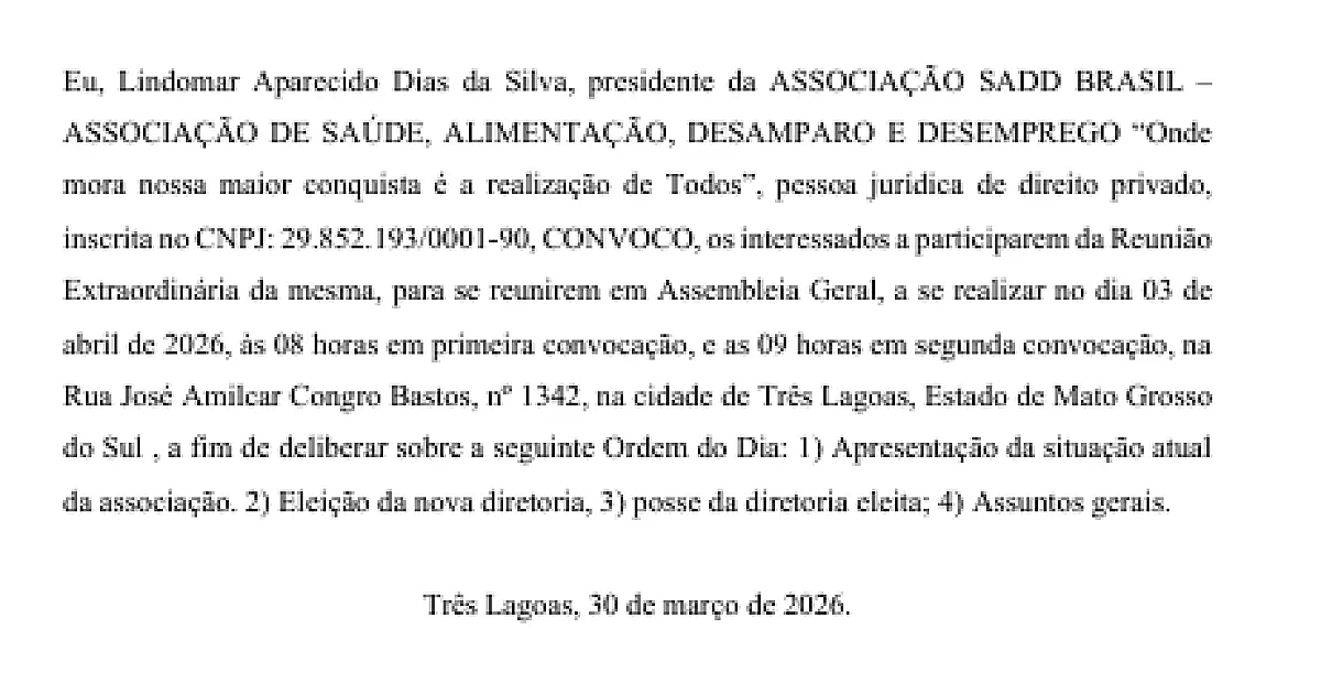 EDITAL DE CONVOCAÇÃO REUNIÃO EXTRAORDINÁRIA - ASSOCIAÇÃO SADD BRASIL